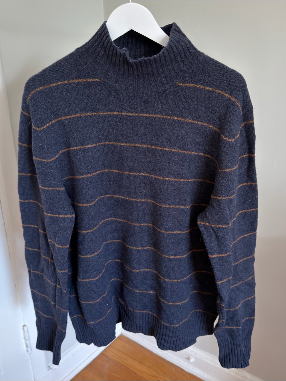 Vince Navy Blue Stripe Mock Neck Wool Blend Sweater